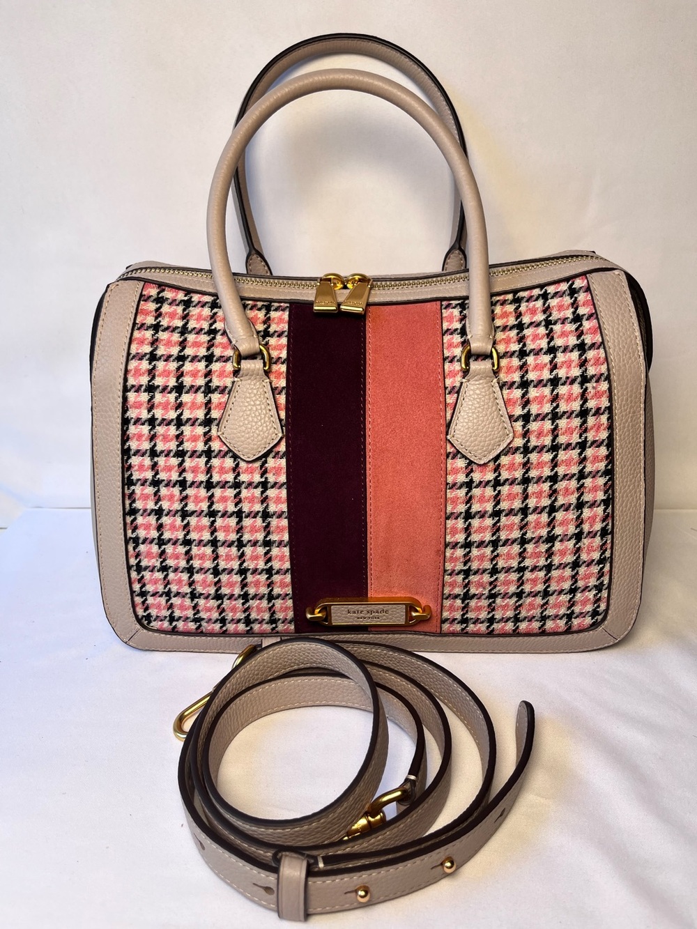 Kate Spade Gramercy Plaid Twill Suede Racing Strips Medium Satchel Bag